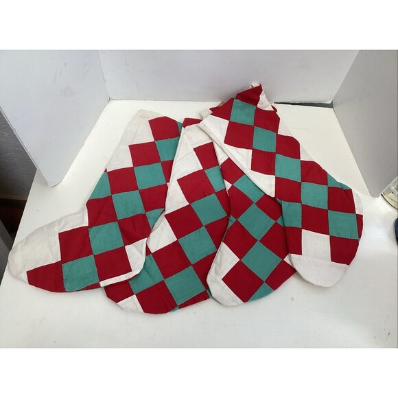 christmas stockings set of 4 patchwork quilted red, white, aqua diamond pattern - Picture 5 of 6